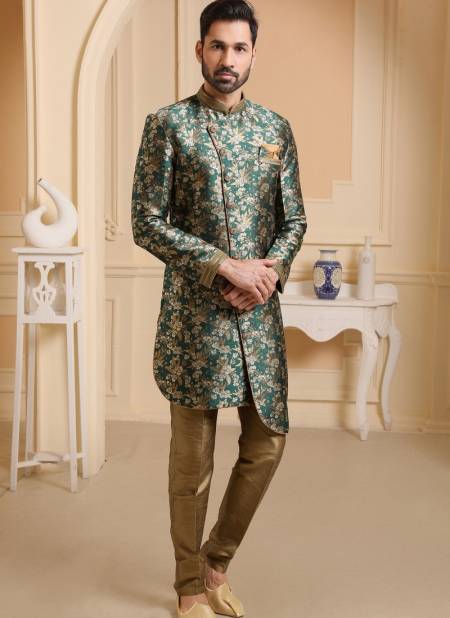 Green Colour New Party Wear Jacquard Silk Digital Print Indo Western Mens Collection 9233 Catalog